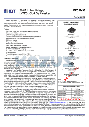MPC92439FA datasheet - 900MHz, Low Voltage, LVPECL Clock Syntheesizer
