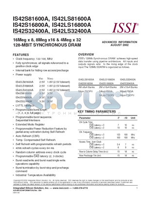 IS42S16800A-10TI datasheet - 16Meg x 8, 8Meg x16 & 4Meg x 32 128-MBIT SYNCHRONOUS DRAM