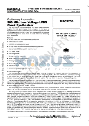 MPC9259FA datasheet - 900 MHz LOW VOLTAGE LVDS CLOCK SYNTHESIZER