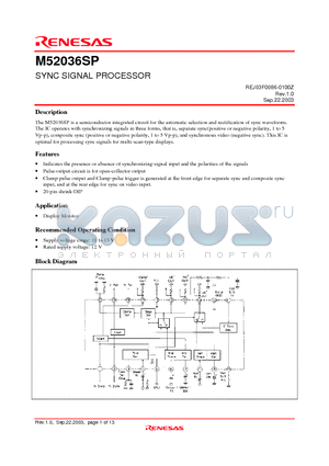 M52036SP datasheet - SYNC SIGNAL PROCESSOR