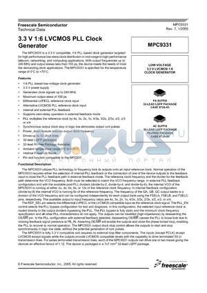 MPC9331 datasheet - 3.3 V 1:6 LVCMOS PLL Clock Generator