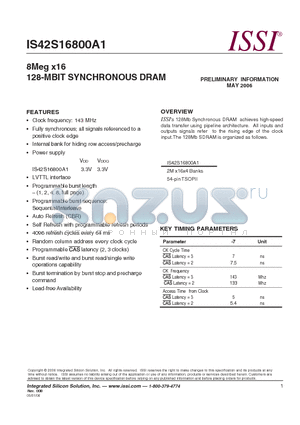 IS42S16800A1-7TL datasheet - 8Meg x16 128-MBIT SYNCHRONOUS DRAM