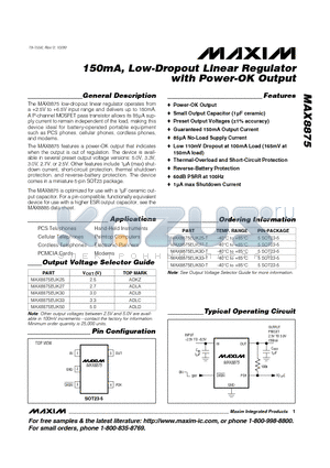 MAX8875EUK27 datasheet - 150mA, Low-Dropout Linear Regulator with Power-OK Output