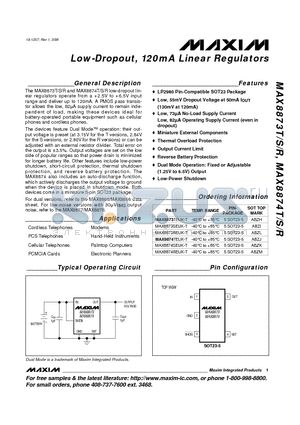 MAX8874SEUK-T datasheet - Low-Dropout, 120mA Linear Regulators