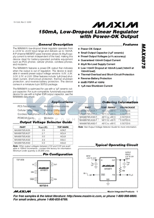 MAX8875EUK33 datasheet - 150mA, Low-Dropout Linear Regulator with Power-OK Output