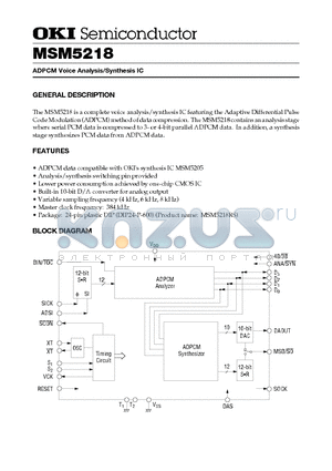 M5218 datasheet - ADPCM Voice Analysis/Synthesis IC