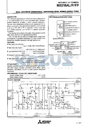 M5218AP datasheet - DUAL LOW-NOISE OPERATIONAL AMPLIFIERS(DUAL POWER SUPPLY TYPE)