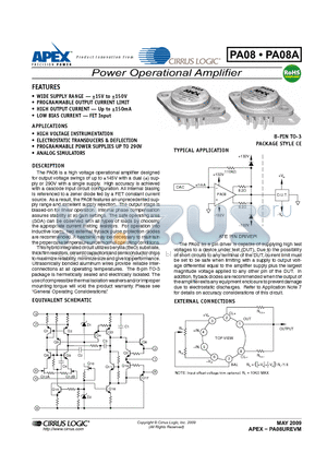 PA08A datasheet - Power Operational Amplifier