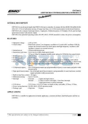 EM73461A datasheet - 4-BIT MICRO-CONTROLLER FOR LCD PRODUCT