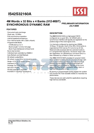 IS42S32160A-75B datasheet - 4M Words x 32 Bits x 4 Banks (512-MBIT) SYNCHRONOUS DYNAMIC RAM