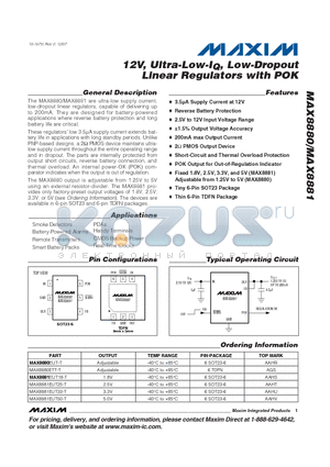 MAX8881EUT50-T datasheet - 12V, Ultra-Low-IQ, Low-Dropout Linear Regulators with POK