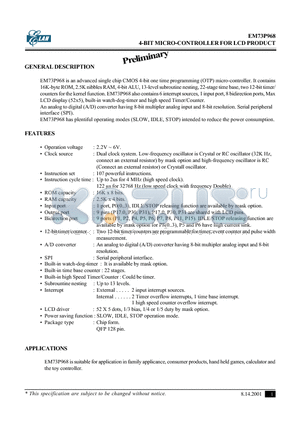 EM73P968 datasheet - 4-BIT MICRO-CONTROLLER FOR LCD PRODUCT