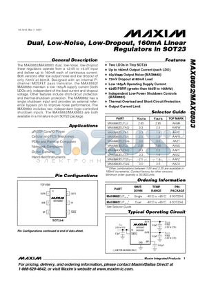 MAX8882EUTQ5 datasheet - Dual, Low-Noise, Low-Dropout, 160mA Linear Regulators in SOT23