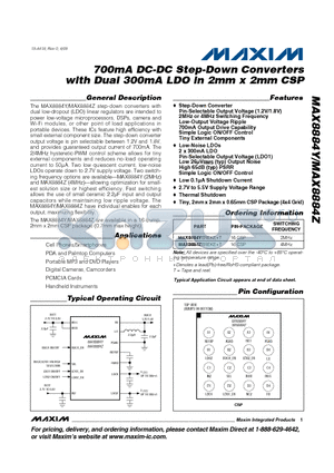 MAX8884Y datasheet - 700mA DC-DC Step-Down Converters with Dual 300mA LDO in 2mm x 2mm CSP