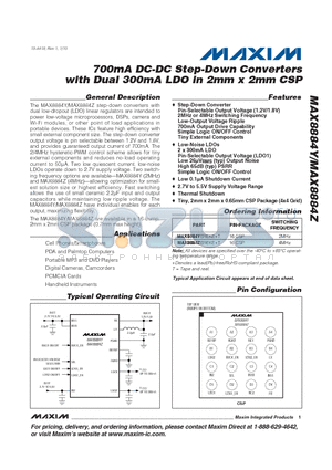 MAX8884Y datasheet - 700mA DC-DC Step-Down Converters with Dual 300mA LDO in 2mm x 2mm CSP