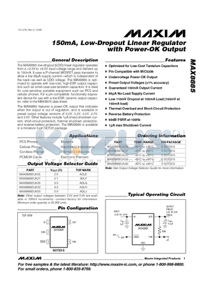 MAX8885EUK27 datasheet - 150mA, Low-Dropout Linear Regulator with Power-OK Output