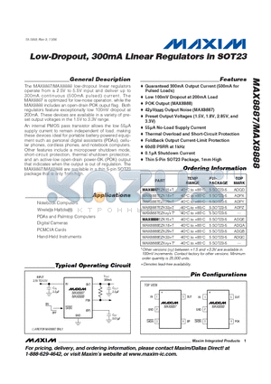 MAX8887 datasheet - Low-Dropout, 300mA Linear Regulators in SOT23