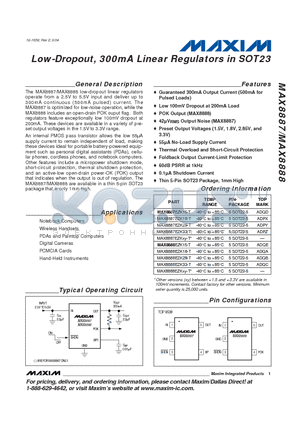 MAX8887EZK15-T datasheet - Low-Dropout, 300mA Linear Regulators in SOT23