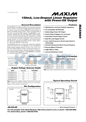 MAX8885EUK33 datasheet - 150mA, Low-Dropout Linear Regulator with Power-OK Output