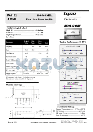 PA1162 datasheet - 800-960 MHz(4 Watt Ultra Linear Power Amplifier)