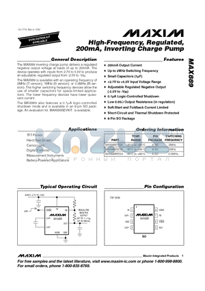 MAX889 datasheet - High-Frequency, Regulated, 200mA, Inverting Charge Pump