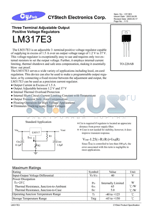 LM317E3 datasheet - Three Terminal Adjustable Output Positive Voltage Regulators