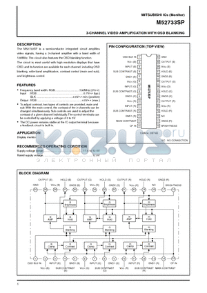 M52733SP datasheet - 3-CHANNEL VIDEO AMPLIFICATION WITH OSD BLANKING