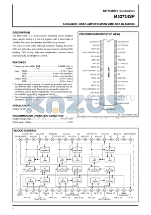 M52734SP datasheet - 3-CHANNEL VIDEO AMPLIFICATION WITH OSD BLANKING