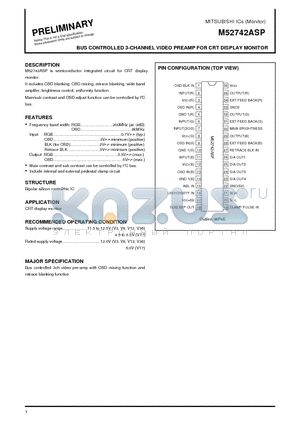 M52742ASP datasheet - BUS CONTROLLED 3-CHANNEL VIDEO PREAMP FOR CRT DISPLAY MONITOR