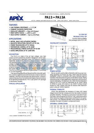 PA13A datasheet - POWER OPERATIONAL AMPLIFIERS