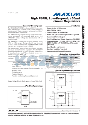 MAX8892 datasheet - High PSRR, Low-Dropout, 150mA Linear Regulators