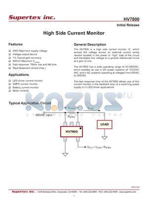 HV7800 datasheet - High Side Current Monitor