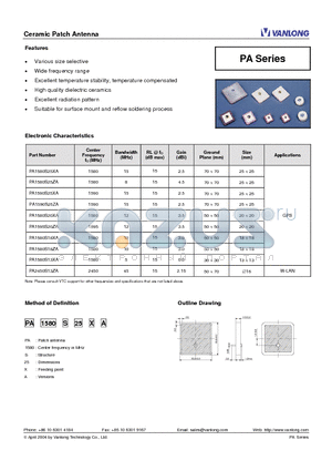 PA1580S25XA datasheet - Ceramic Patch Antenna