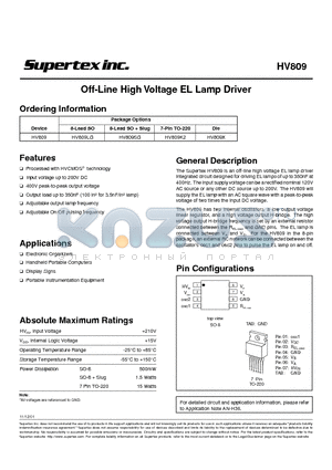HV809 datasheet - Off-Line High Voltage EL Lamp Driver