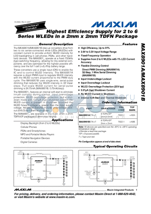 MAX8901B datasheet - Highest Efficiency Supply for 2 to 6 Series WLEDs in a 2mm x 2mm TDFN Package