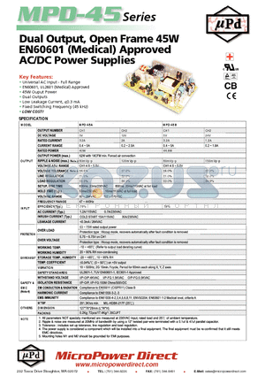 MPD-45A datasheet - Dual Output, Open Frame 45W EN60601 (Medical) Approved AC/DC Power Supplies