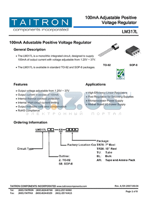 LM317L datasheet - 100mA Adjustable Positive Voltage Regulator