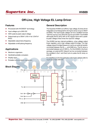 HV809LG-G datasheet - Off-Line, High Voltage EL Lamp Driver