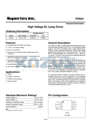 HV824 datasheet - High Voltage EL Lamp Driver