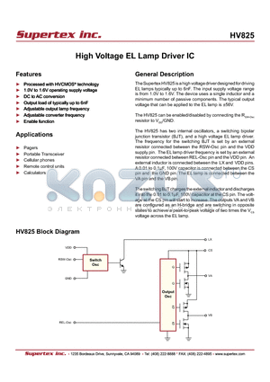 HV825 datasheet - High Voltage EL Lamp Driver IC