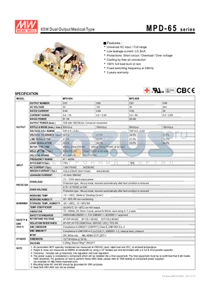 MPD-65A datasheet - 65W Dual Output Medical Type