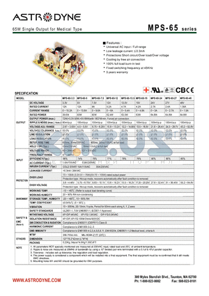 MPD-65B datasheet - 65W Single Output for Medical Type
