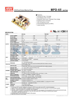 MPD-65B datasheet - 65W Dual Output Medical Type