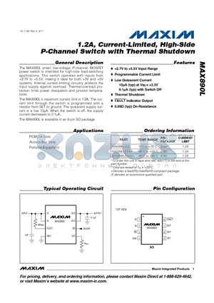 MAX890L datasheet - 1.2A, Current-Limited, High-Side P-Channel Switch with Thermal Shutdown