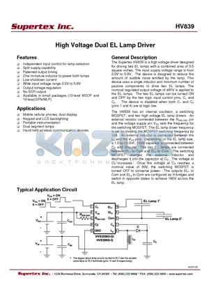 HV839 datasheet - High Voltage Dual EL Lamp Driver