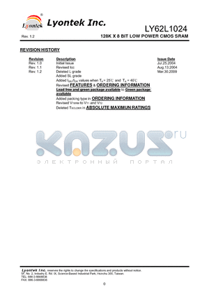 LY62L1024PV datasheet - 128K X 8 BIT LOW POWER CMOS SRAM