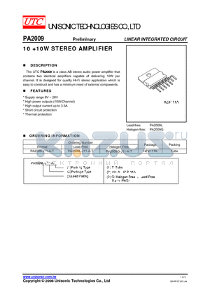 PA2009 datasheet - 10 10W STEREO AMPLIFIER