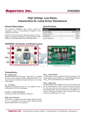 HV852DB1 datasheet - High Voltage, Low Noise, Inductorless EL Lamp Driver Demoboard