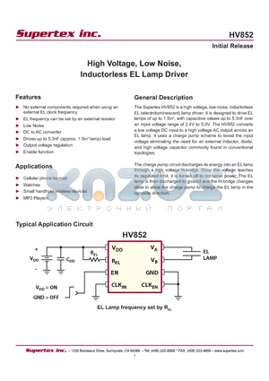 HV852K7-G datasheet - High Voltage, Low Noise, Inductorless EL Lamp Driver