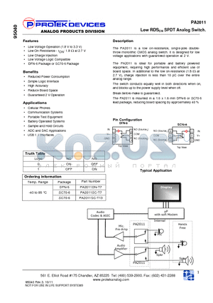 PA2011SC-T7 datasheet - Low RDSON SPDT Analog Switch.